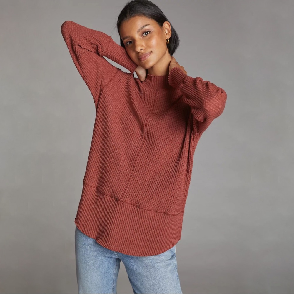 T.La Relaxed Mock Neck Waffle Top in Cedar